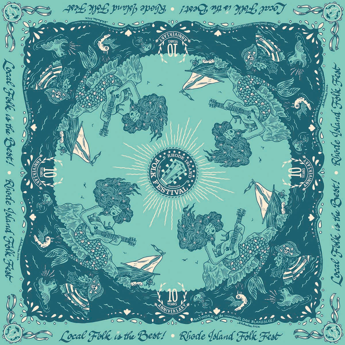 "Mermaid & Sailor" 2024 RI Folk Fest LIMITED EDITION 10th Anniversary FUNDRAISING Bandana by Dan Blakeslee
