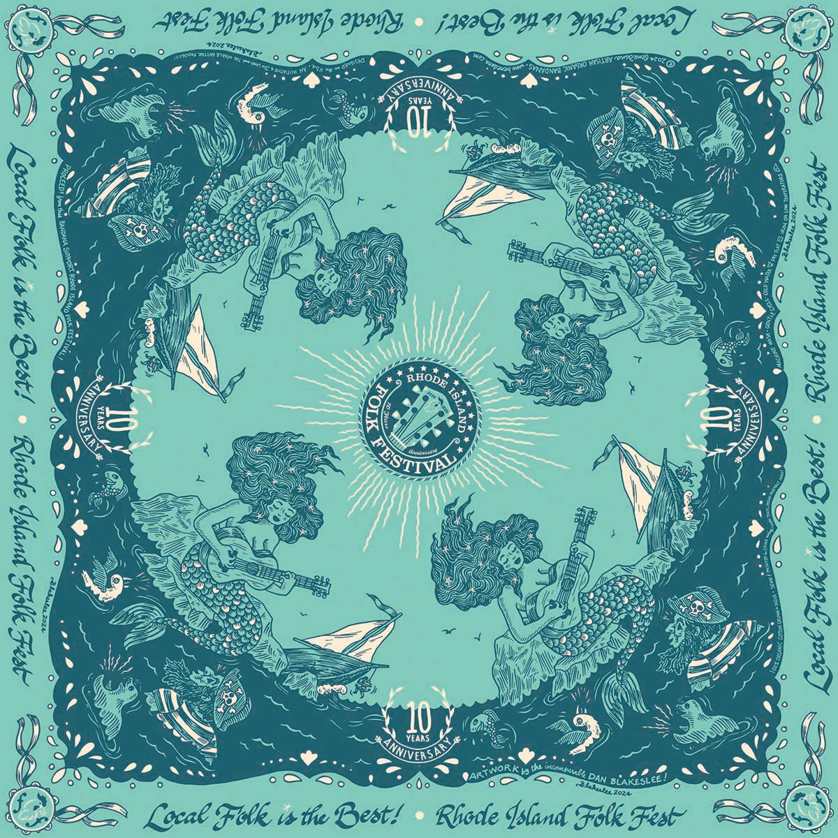 "Mermaid & Sailor" 2024 RI Folk Fest LIMITED EDITION 10th Anniversary FUNDRAISING Bandana by Dan Blakeslee